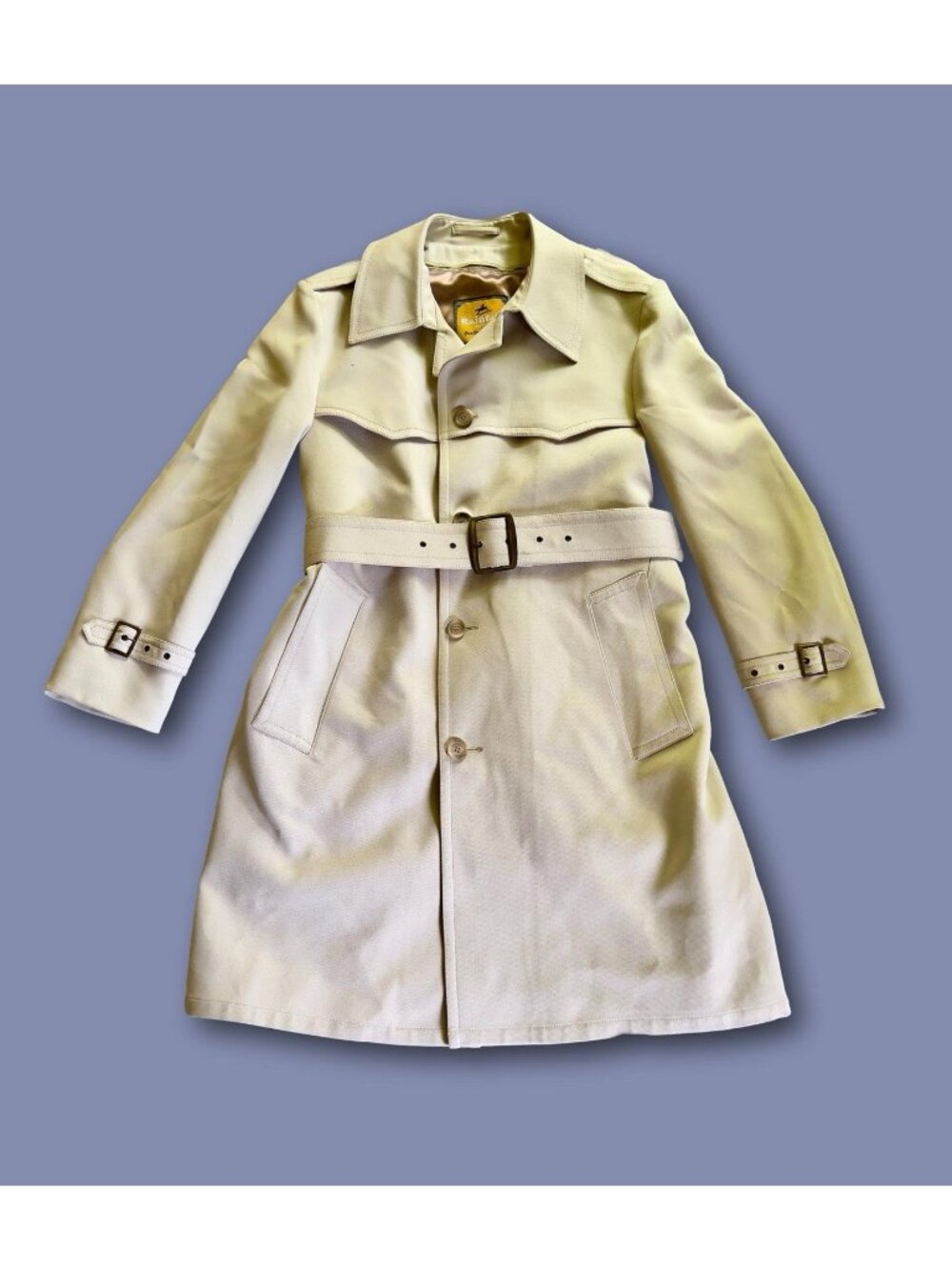 Vtg Mad Men Style Trench Coat Beige Belted Zip Out Borg Pile Lining Size S/M